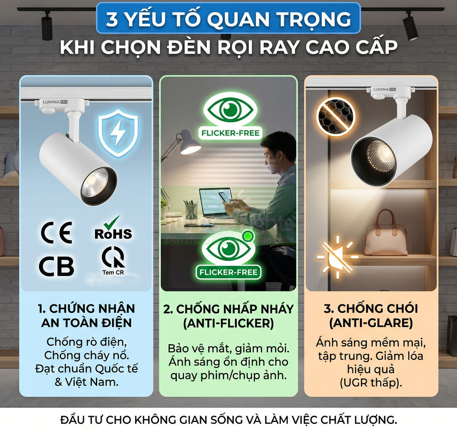 Đèn rọi ray Lumina cao cấp chống chói, chống nhấp nháy, đạt chứng nhận an toàn điện cho không gian làm việc