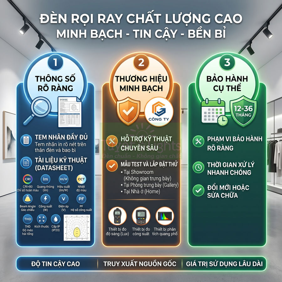 Infographic giới thiệu ưu điểm đèn rọi ray chất lượng cao với thông số rõ ràng, thương hiệu minh bạch và bảo hành cụ thể