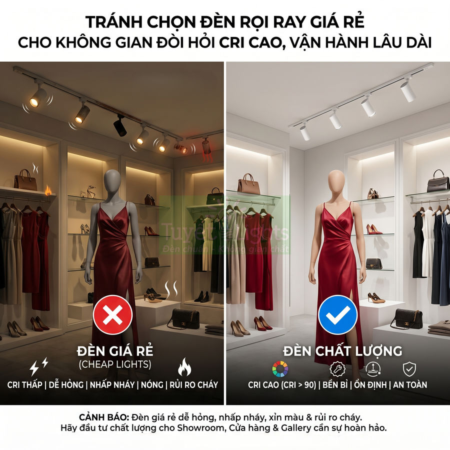 So sánh đèn rọi ray giá rẻ và đèn rọi ray chất lượng cao trong showroom thời trang với ma nơ canh mặc váy đỏ