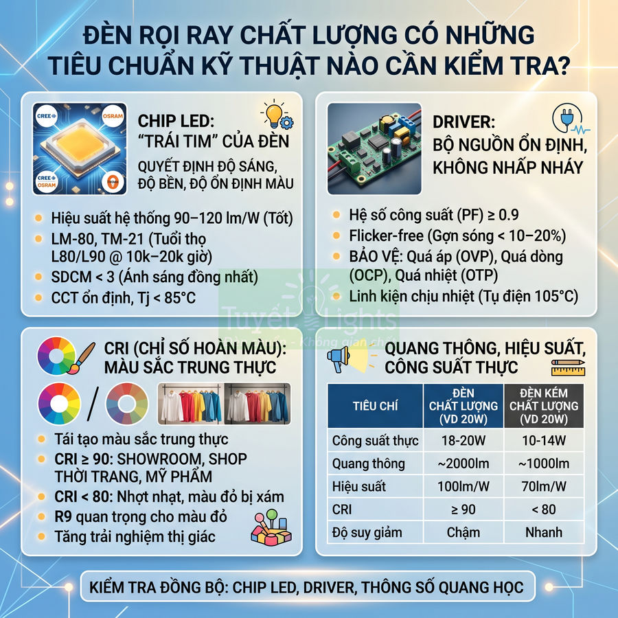 Infographic tiêu chuẩn kỹ thuật cần kiểm tra khi chọn đèn rọi ray LED chất lượng cao