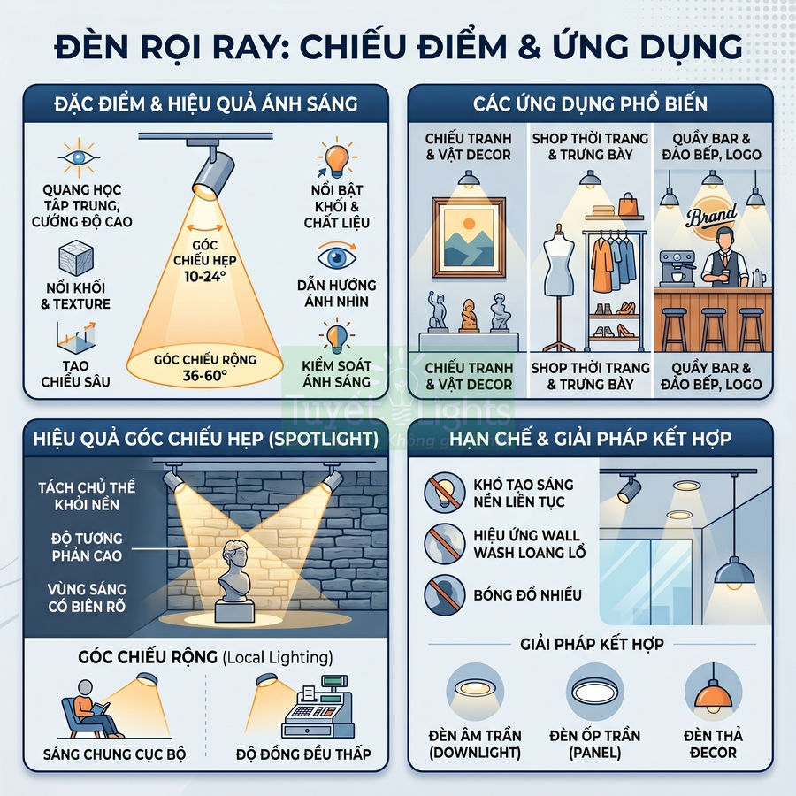 Infographic giới thiệu đèn rọi ray chiếu điểm, hiệu quả góc chiếu hẹp và các ứng dụng chiếu tranh, shop, quầy bar