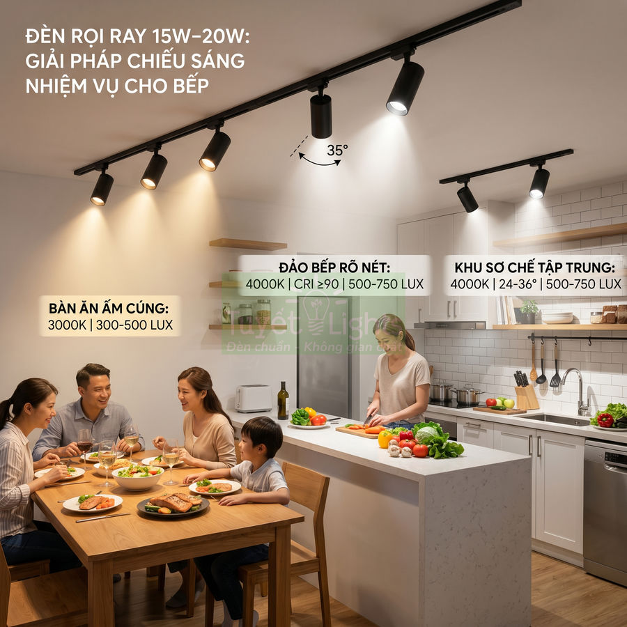 Đèn rọi ray 15W 20W chiếu sáng khu vực bàn ăn và đảo bếp trong không gian bếp gia đình