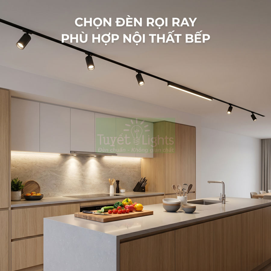 Đèn rọi ray Tuyết Lights chiếu sáng bàn đảo bếp hiện đại với kệ gỗ và rau củ tươi