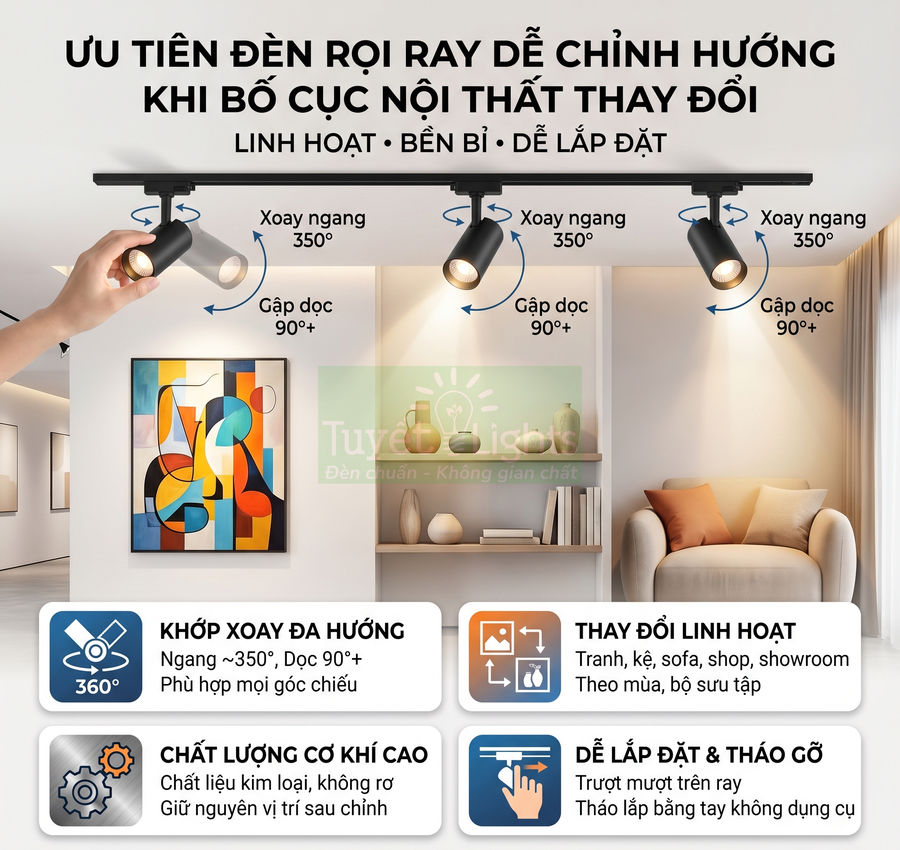Đèn rọi ray xoay đa hướng chiếu tranh treo tường và ghế sofa trong phòng khách hiện đại