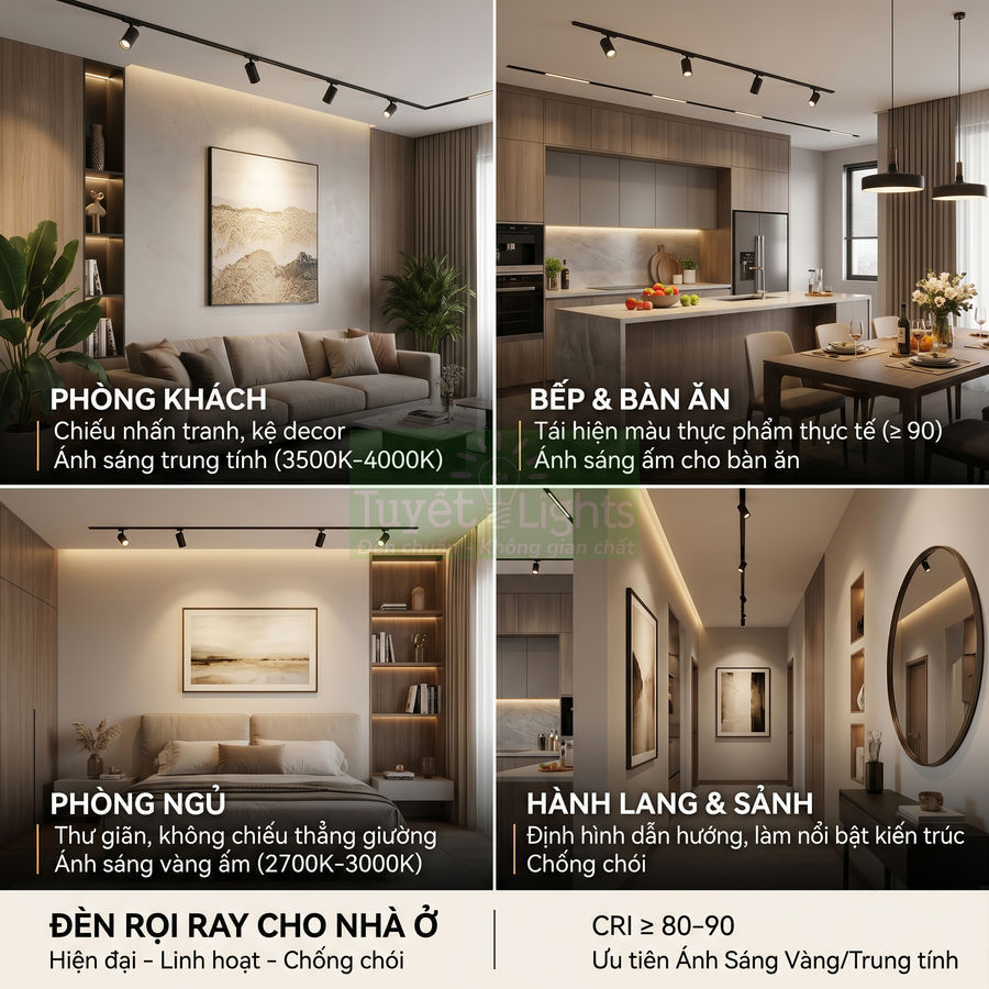 Đèn rọi ray Tuyết Lights chiếu sáng phòng khách, bếp, phòng ngủ, hành lang trong căn hộ hiện đại