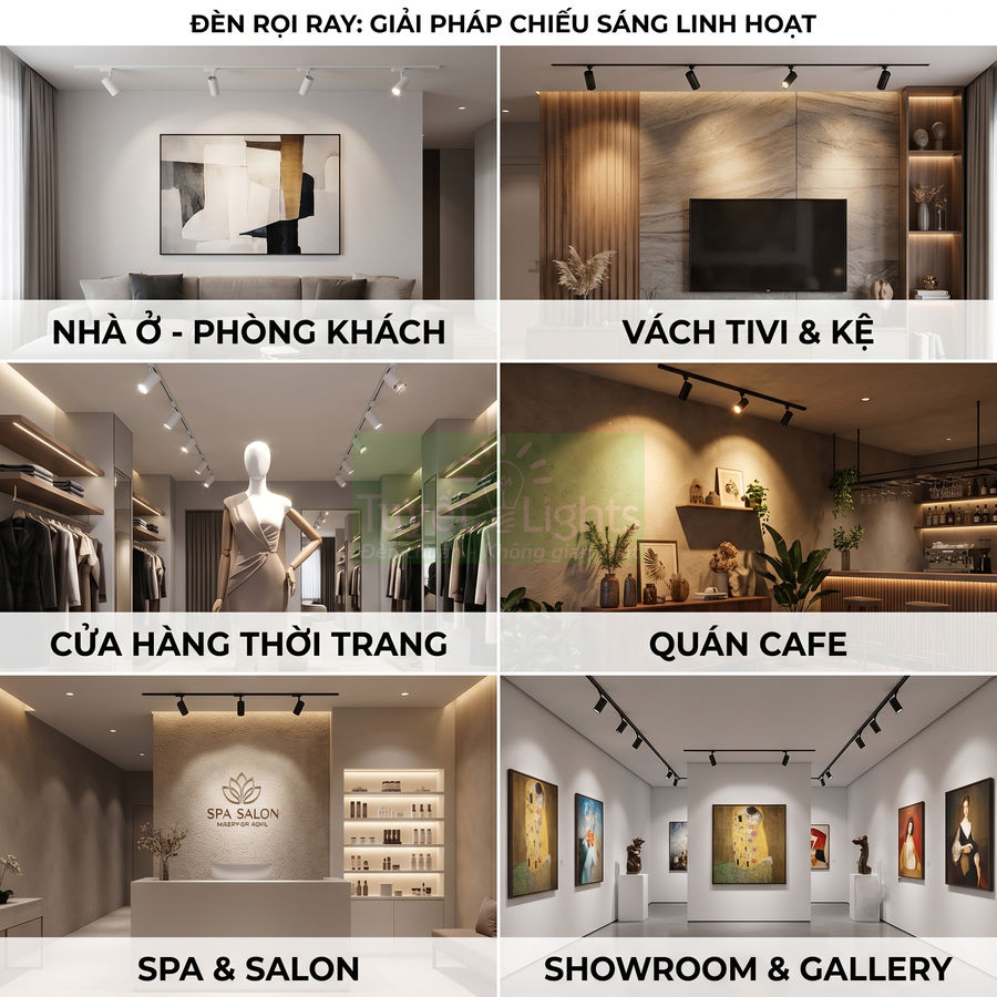 Đèn rọi ray chiếu sáng linh hoạt cho phòng khách, cửa hàng thời trang, quán cafe, spa và showroom gallery