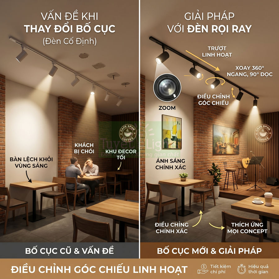 So sánh quán cà phê dùng đèn cố định và đèn rọi ray điều chỉnh góc chiếu linh hoạt cho không gian chiếu sáng đẹp hơn