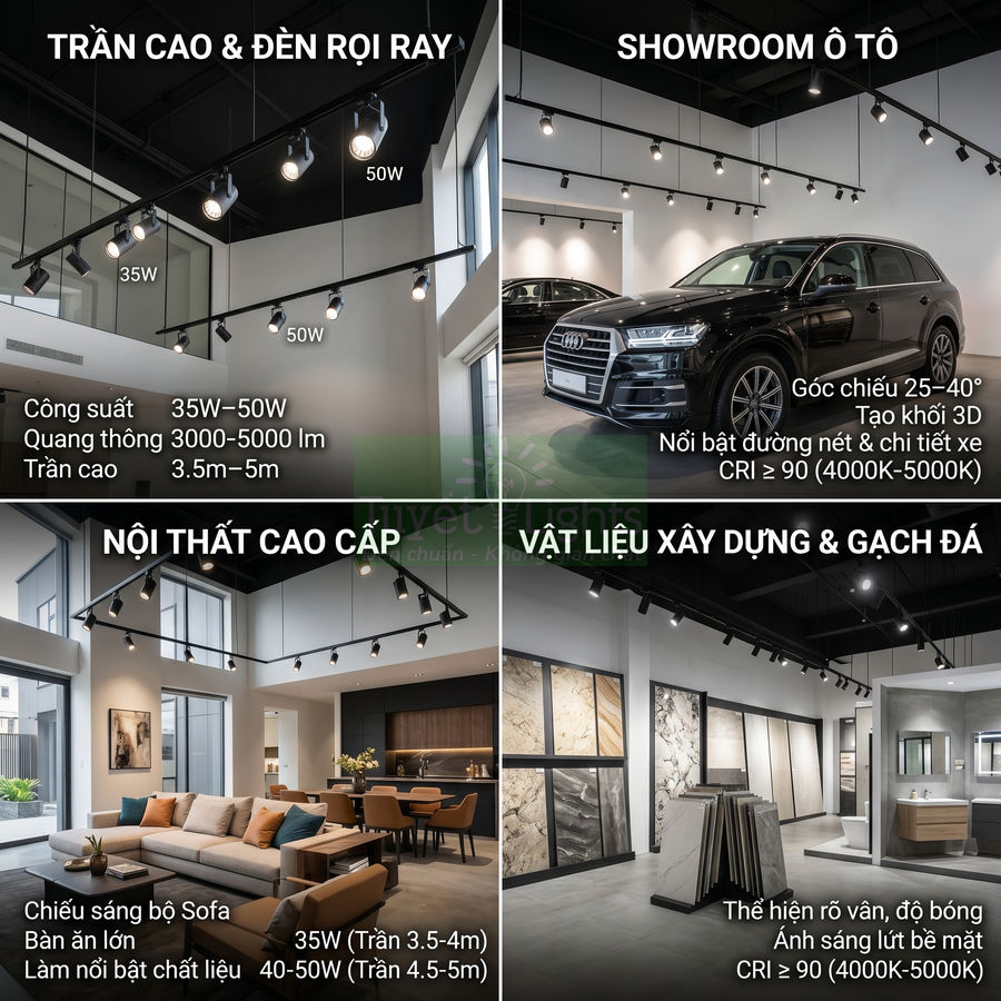 Đèn rọi ray trần cao chiếu sáng showroom ô tô, nội thất cao cấp và vật liệu gạch đá hiện đại