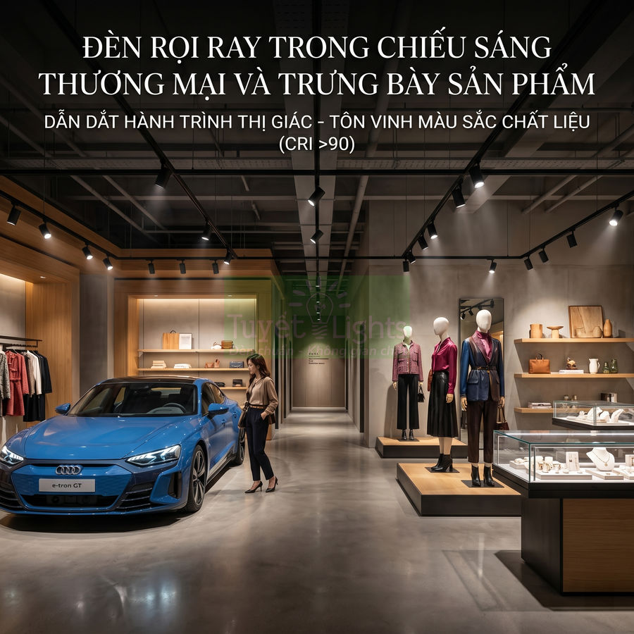 Đèn rọi ray chiếu sáng showroom trưng bày ô tô Audi e tron GT và thời trang cao cấp