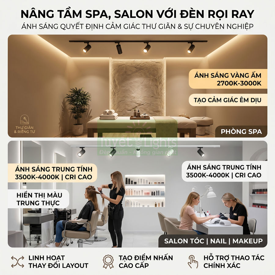 Đèn rọi ray chiếu sáng phòng spa và salon tóc nail với ánh sáng vàng ấm và trung tính CRI cao