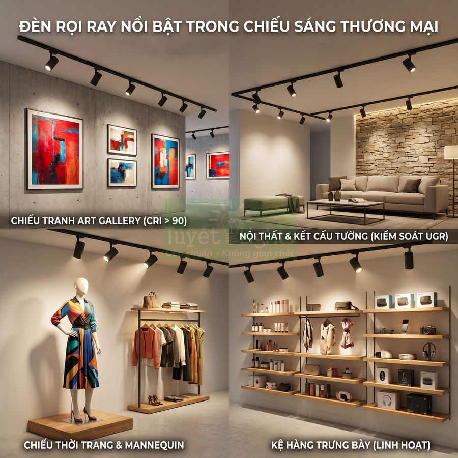 Đèn rọi ray chiếu sáng thương mại cho gallery tranh, nội thất phòng khách, thời trang mannequin và kệ hàng trưng bày