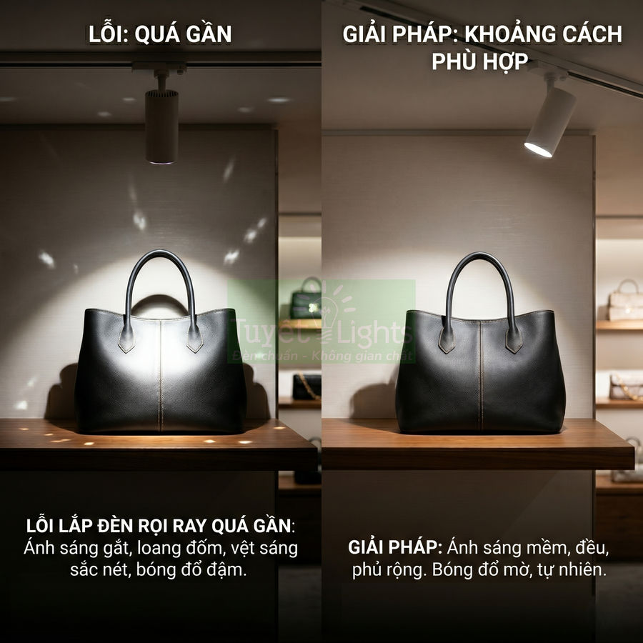Túi xách da màu đen trưng bày trên kệ gỗ dưới hai kiểu chiếu sáng đèn rọi ray khác nhau