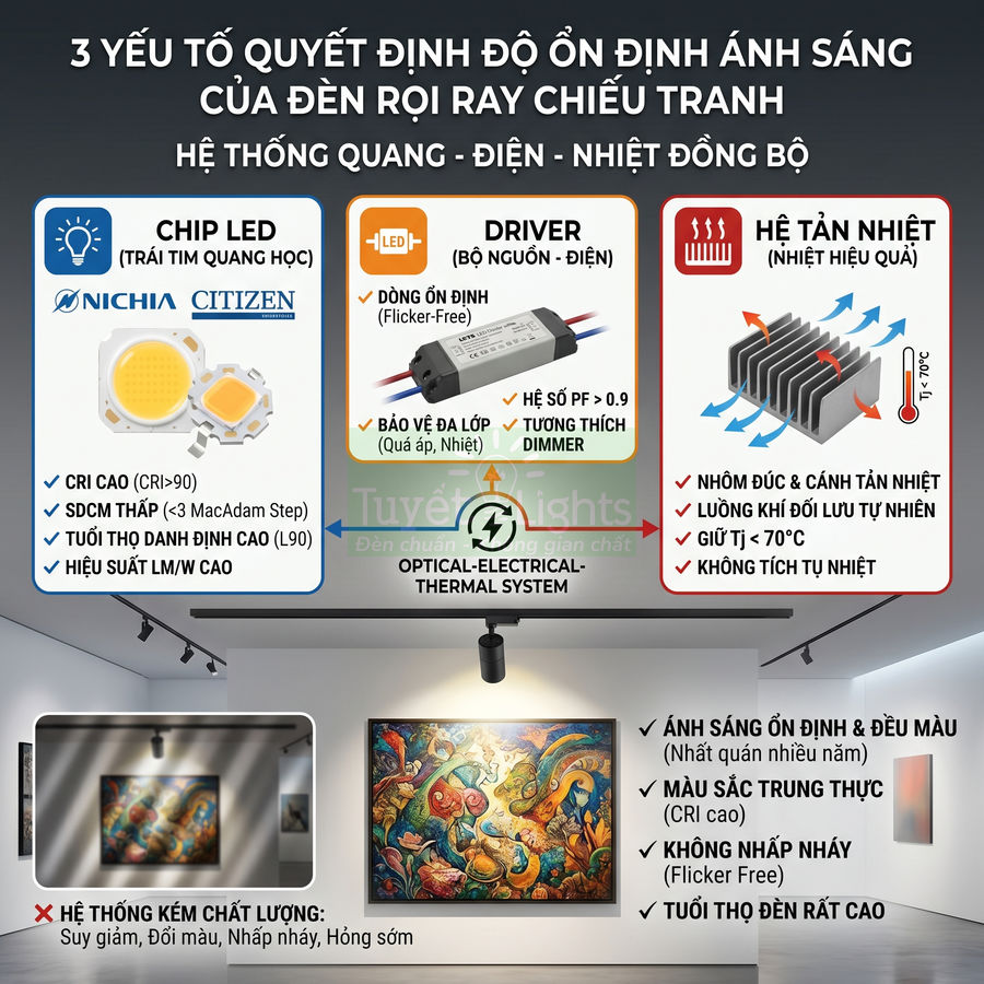 Đèn rọi ray chiếu tranh Tuyết Lights với chip LED Nichia Citizen, driver ổn định và hệ tản nhiệt nhôm hiệu quả