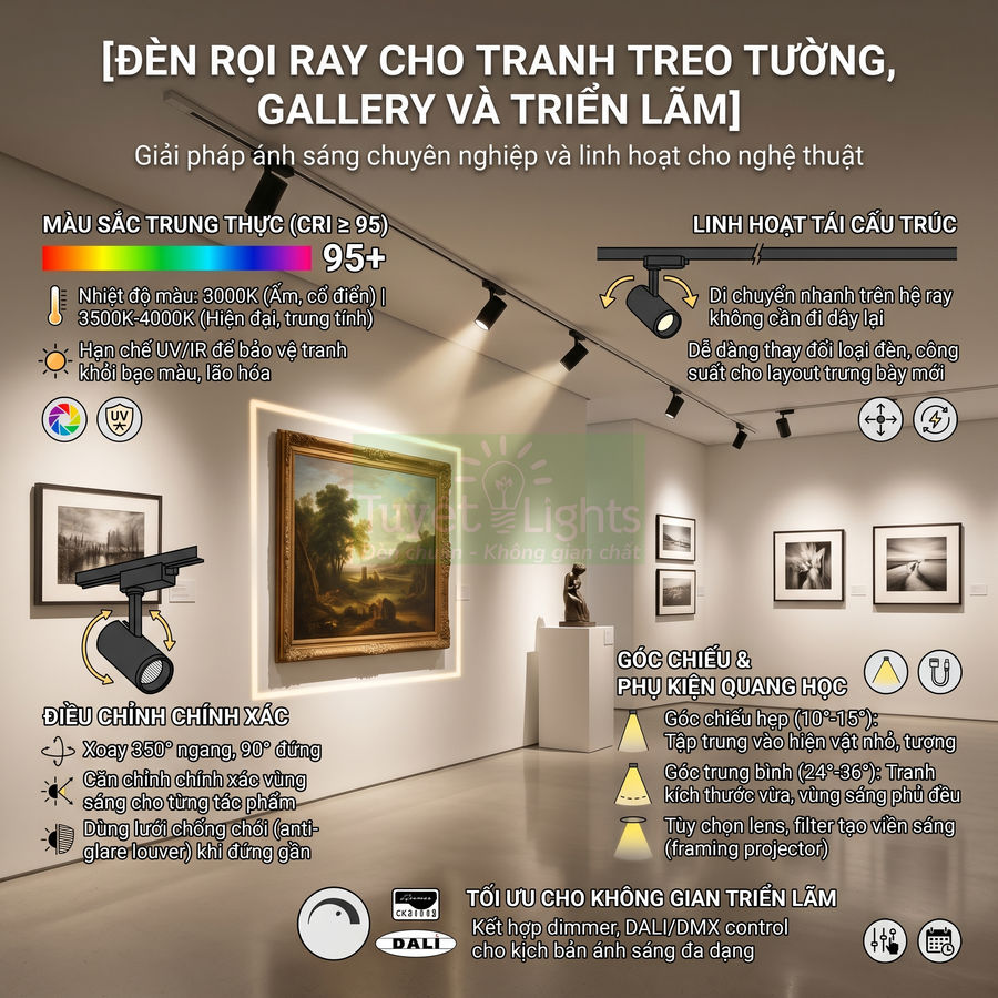 Đèn rọi ray trưng bày tranh nghệ thuật trong gallery, ánh sáng tập trung bảo vệ và làm nổi bật tác phẩm trên tường