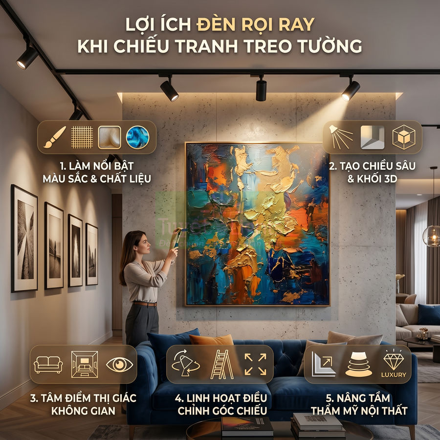 Đèn rọi ray chiếu tranh treo tường trong phòng khách hiện đại, làm nổi bật màu sắc và tăng thẩm mỹ nội thất