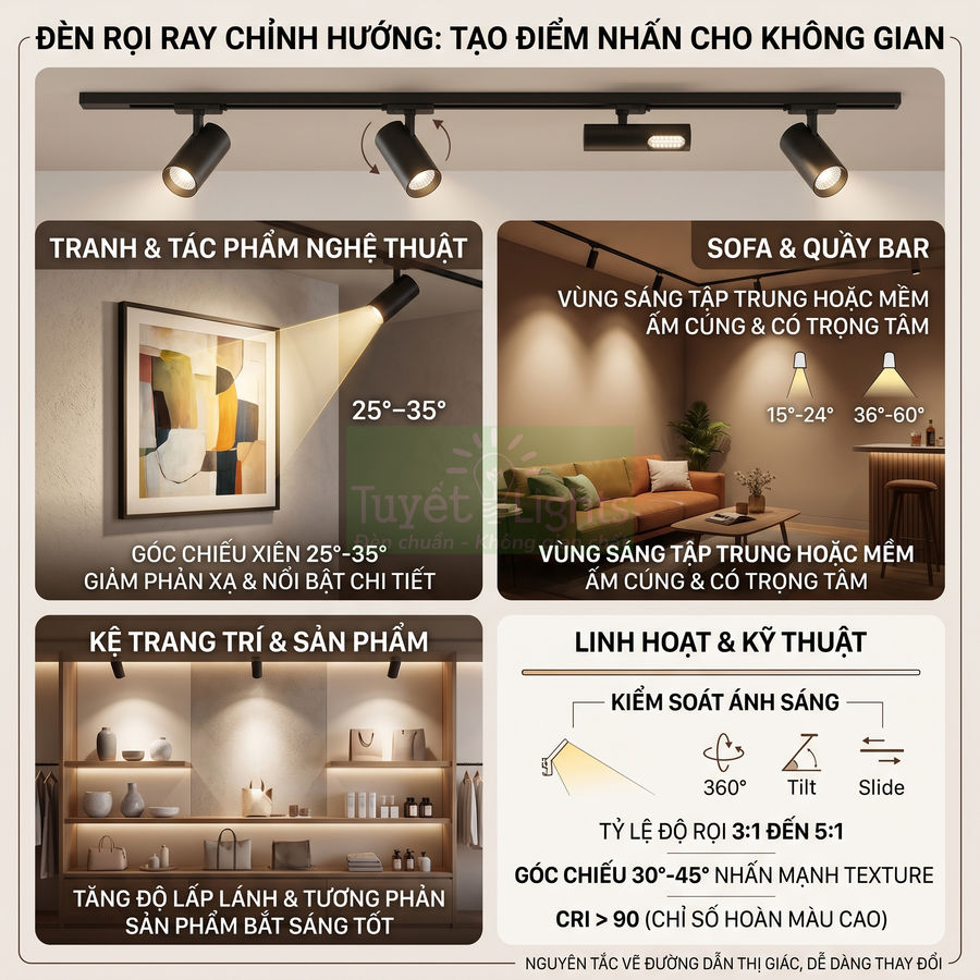 Đèn rọi ray chiếu sáng tranh, sofa và kệ trưng bày, tạo điểm nhấn ấm cúng cho không gian nội thất