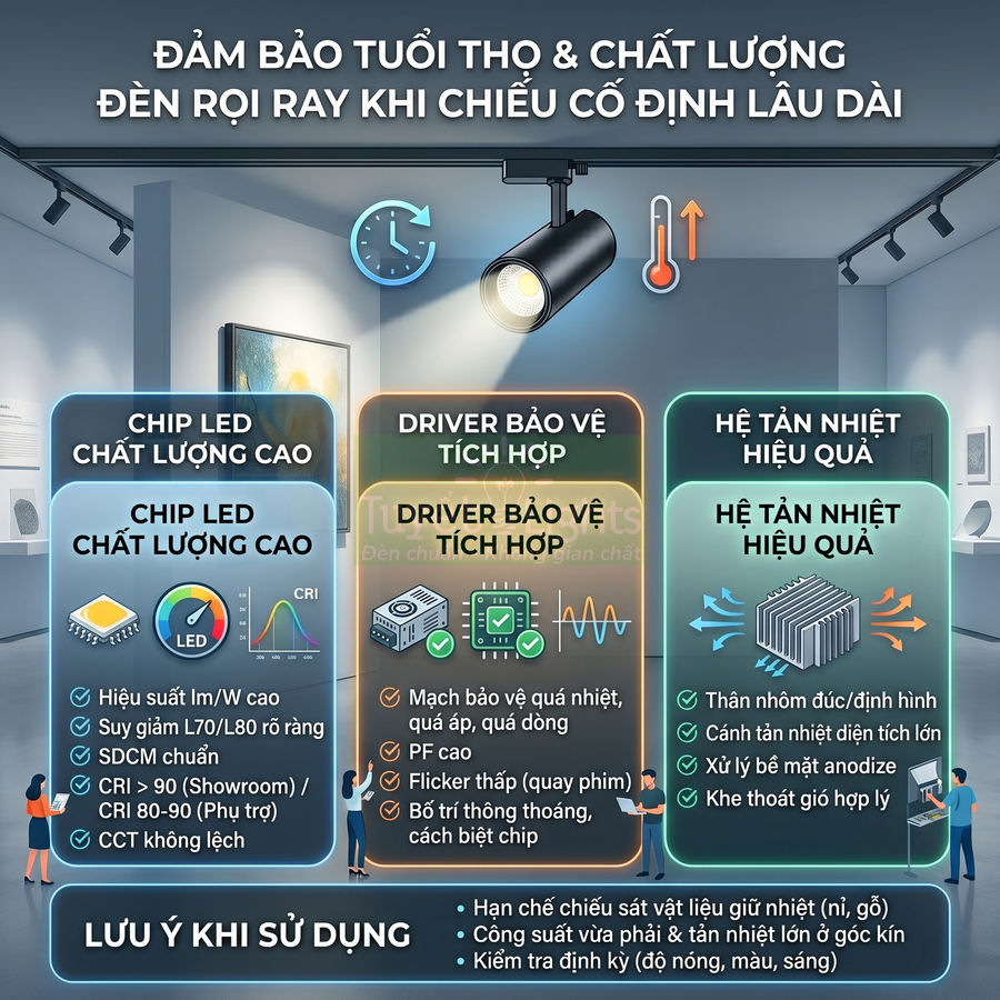 Đèn rọi ray LED chiếu tranh trong phòng trưng bày, nhấn mạnh chip LED, driver bảo vệ và hệ tản nhiệt hiệu quả