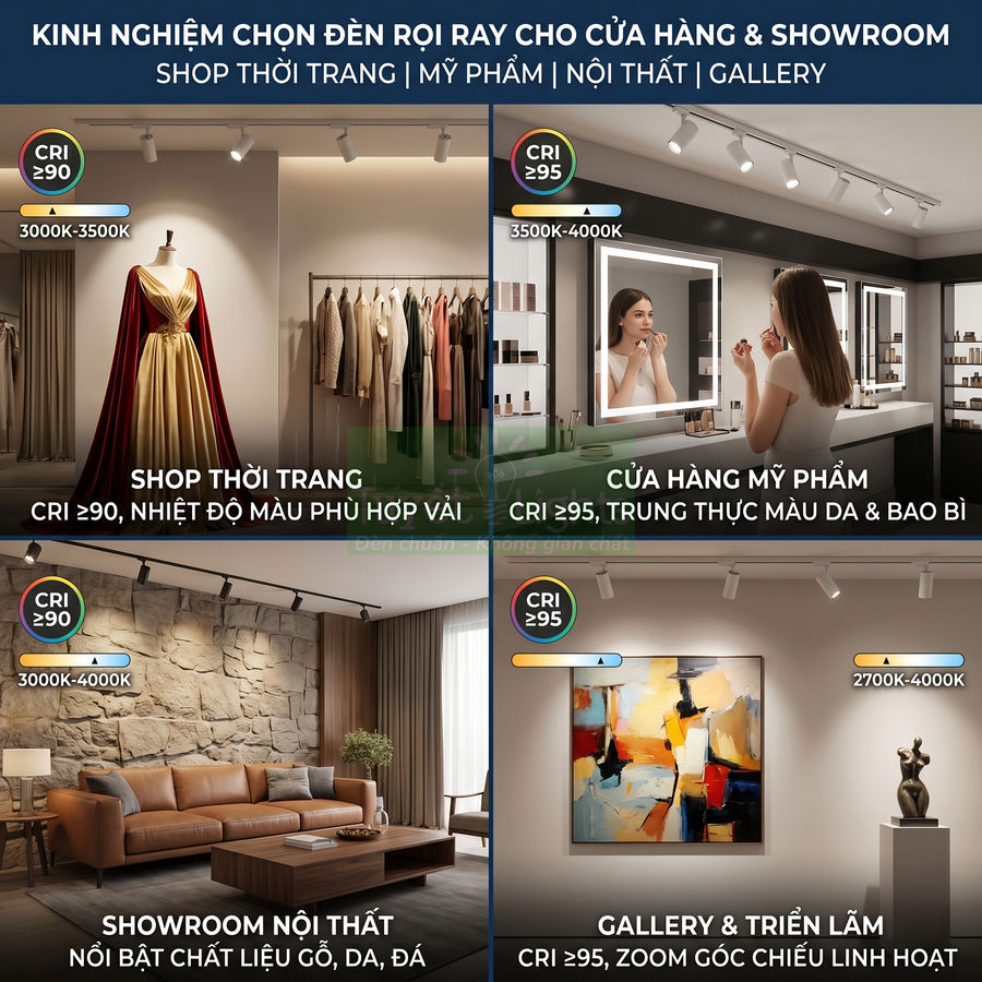 Đèn rọi ray CRI cao cho shop thời trang, cửa hàng mỹ phẩm, showroom nội thất và gallery trưng bày sản phẩm