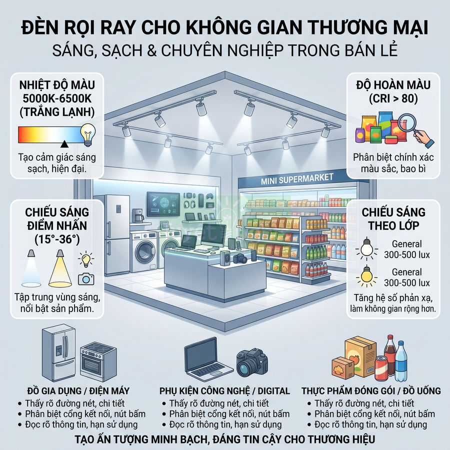 Đèn rọi ray chiếu sáng cửa hàng bán lẻ mini supermarket, làm nổi bật sản phẩm điện máy, công nghệ và thực phẩm đóng gói