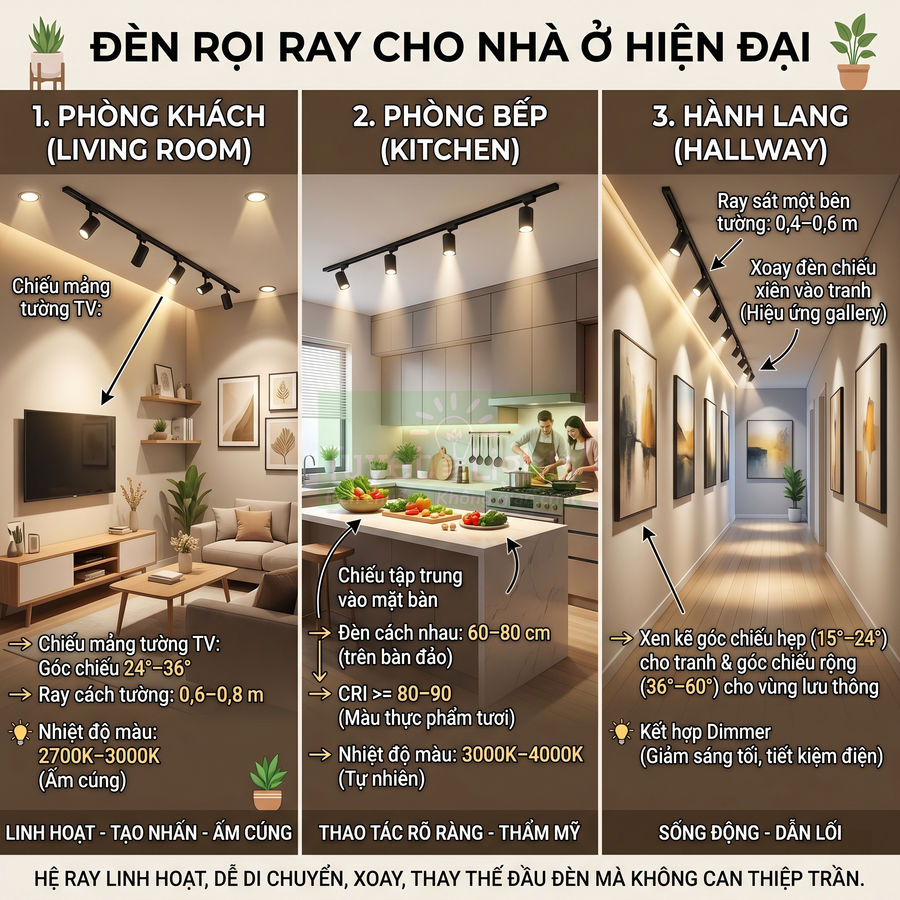Đèn rọi ray chiếu sáng phòng khách, phòng bếp và hành lang trong không gian nhà ở hiện đại