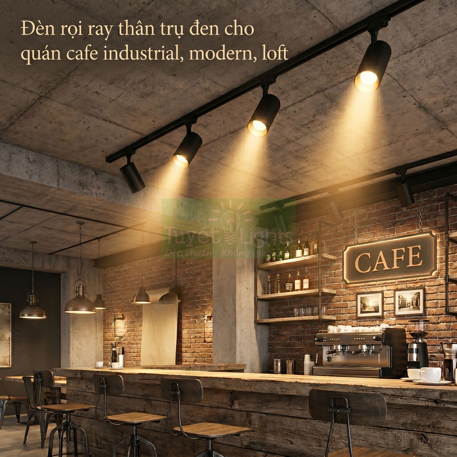 Đèn rọi ray thân trụ chiếu sáng quầy bar gỗ trong quán cafe phong cách industrial hiện đại