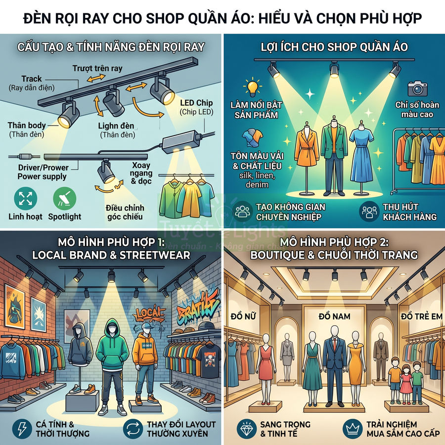 Đèn rọi ray LED cho shop quần áo, chiếu sáng nổi bật sản phẩm thời trang trong cửa hàng hiện đại