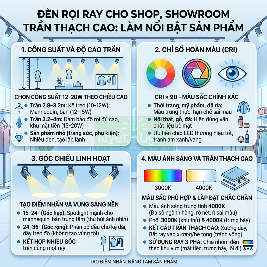Đèn rọi ray LED cho shop thời trang, showroom trần thạch cao, tạo điểm nhấn làm nổi bật sản phẩm trưng bày