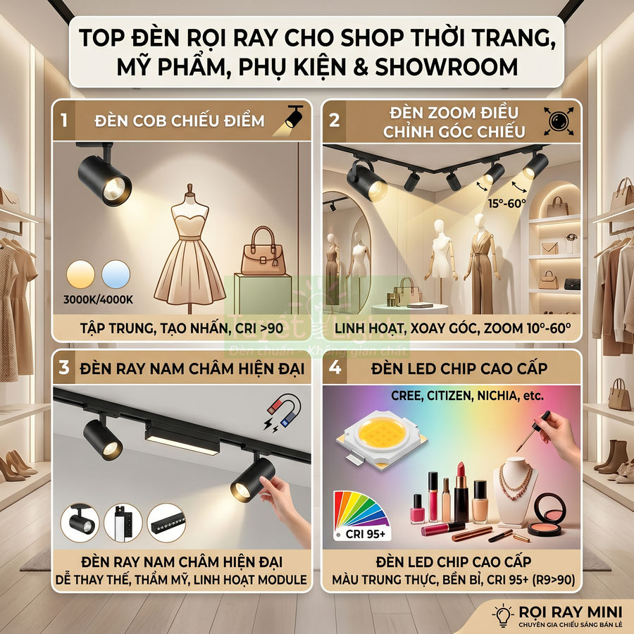 Đèn rọi ray COB và LED cao cấp chiếu sáng shop thời trang, mỹ phẩm, phụ kiện và showroom hiện đại