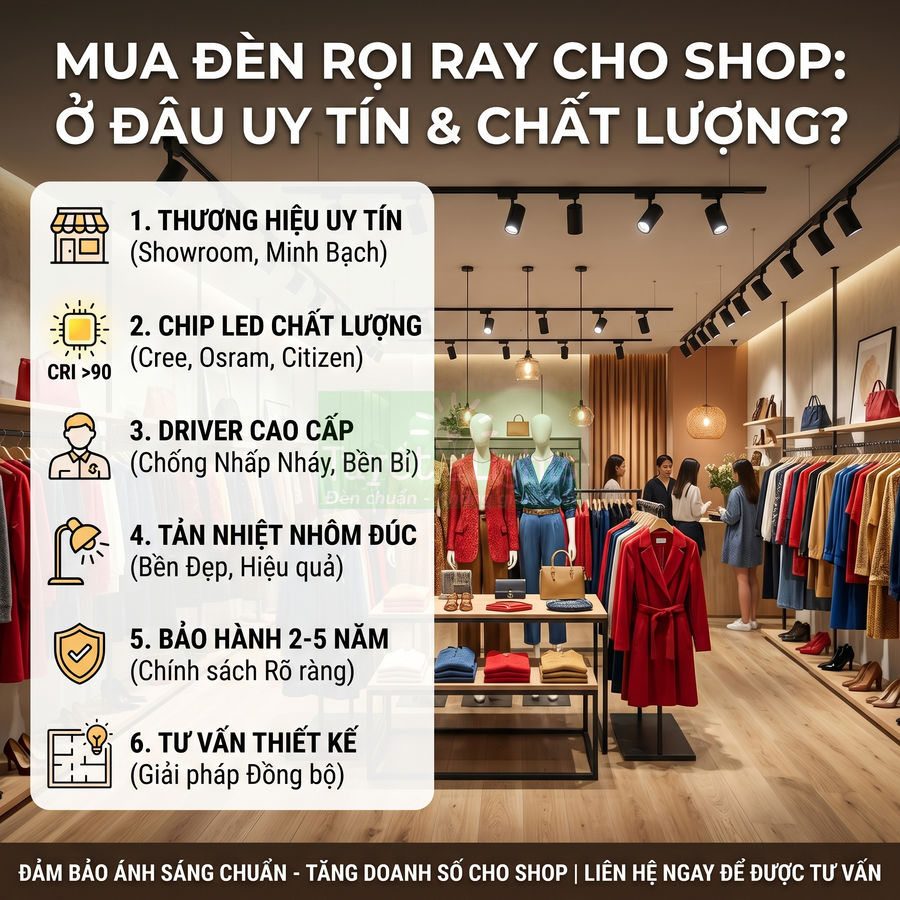 Đèn rọi ray LED chiếu sáng shop quần áo cao cấp với manocanh và kệ trưng bày thời trang