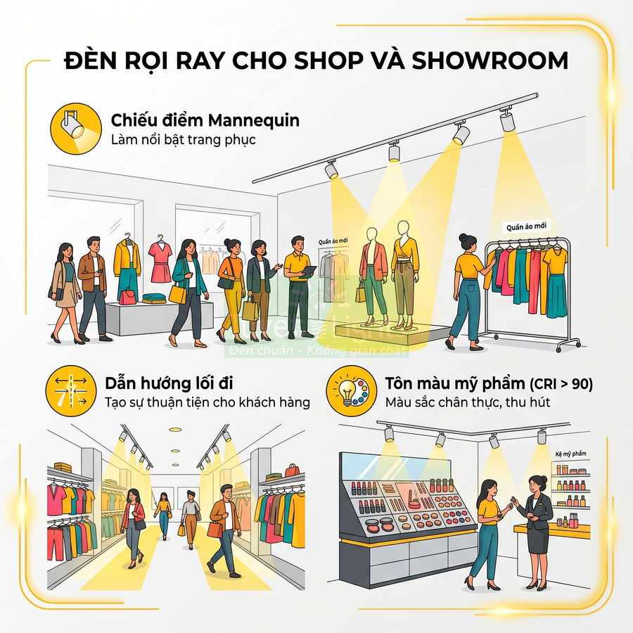 Đèn rọi ray chiếu sáng mannequin, quần áo và mỹ phẩm trong shop thời trang, tạo lối đi và làm nổi bật sản phẩm