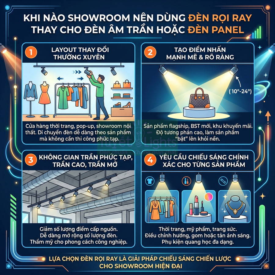 Infographic hướng dẫn sử dụng đèn rọi ray cho showroom thời trang, mỹ phẩm, nội thất và trần cao hiện đại