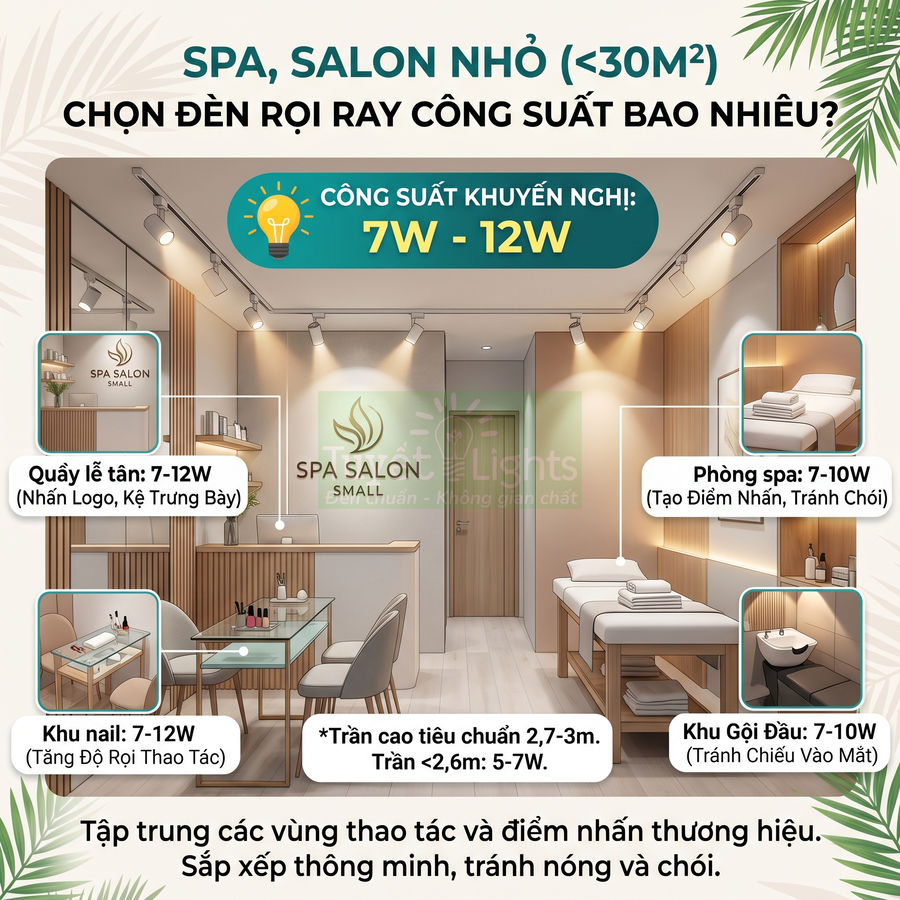 Mẫu thiết kế spa salon nhỏ với hệ thống đèn rọi ray 7W 12W chiếu sáng quầy lễ tân, khu nail và phòng spa