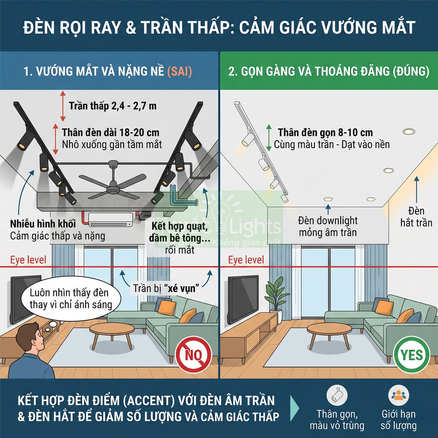 So sánh bố trí đèn rọi ray trần thấp sai và đèn âm trần gọn gàng cho phòng khách hiện đại