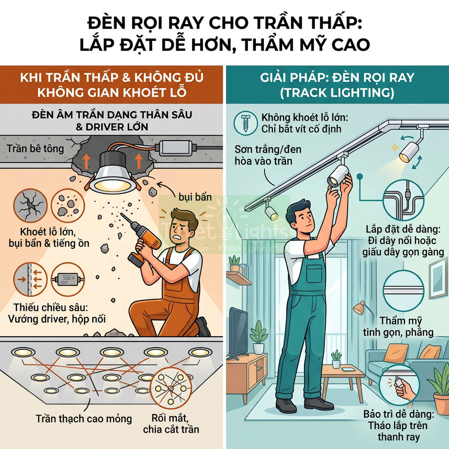 Đèn rọi ray trần thấp trong phòng khách, thợ đang lắp đặt hệ thống chiếu sáng ray hiện đại gọn gàng