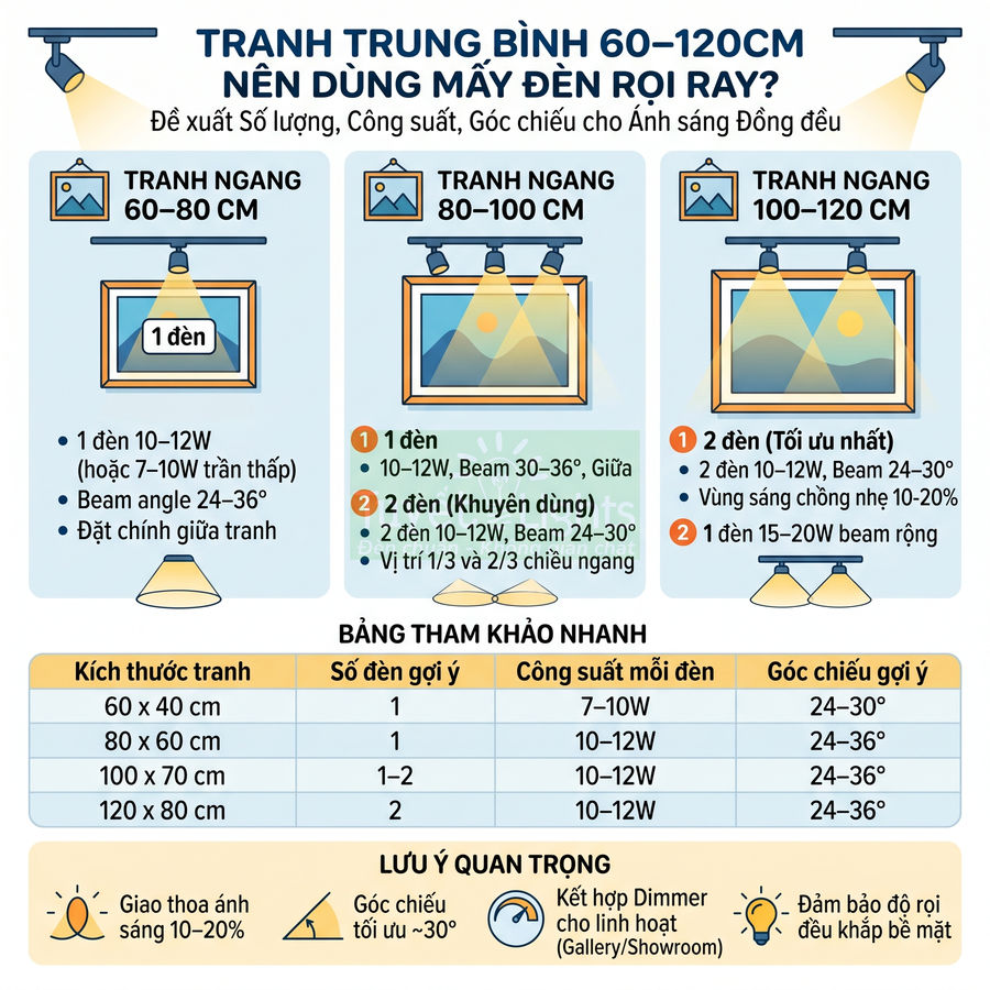 Hướng dẫn chọn số lượng và công suất đèn rọi ray chiếu tranh ngang kích thước trung bình 60–120 cm