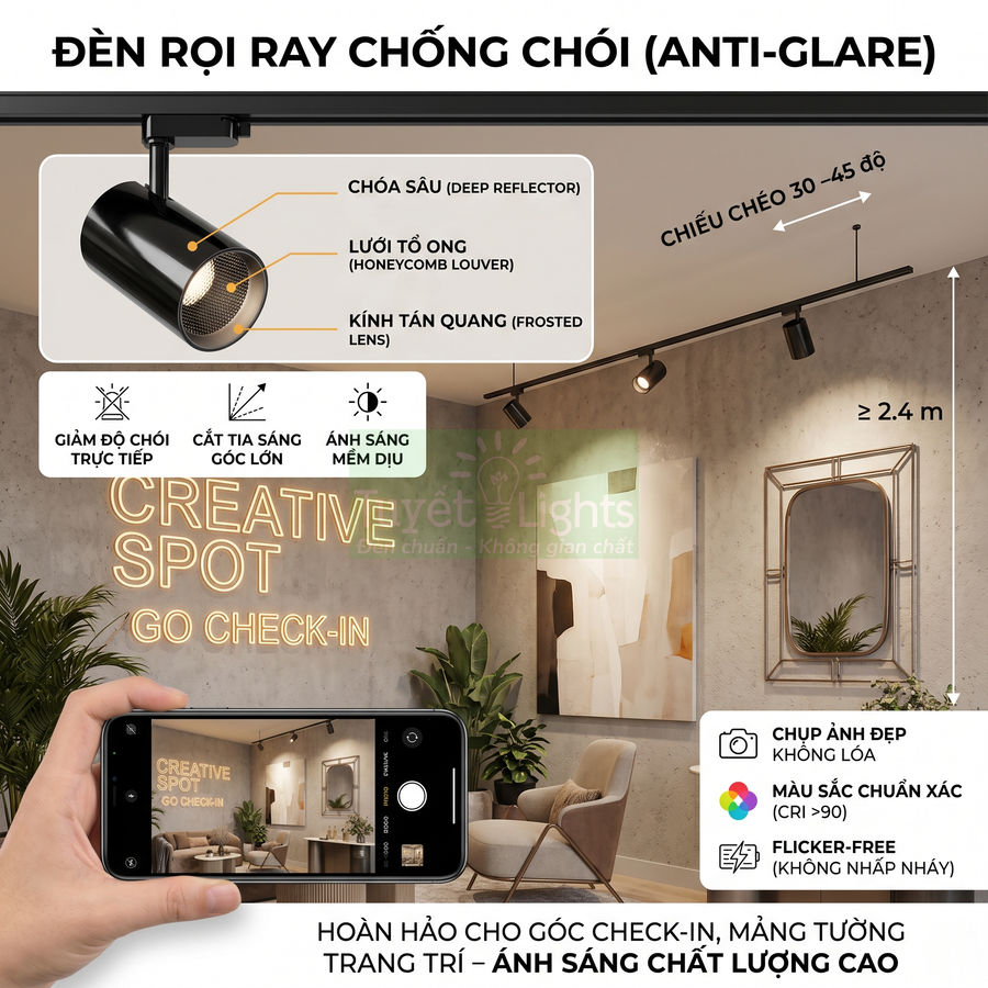 Đèn rọi ray chống chói lắp trần chiếu sáng góc check in phòng khách hiện đại, ánh sáng mềm dịu