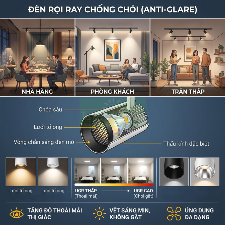 Đèn rọi ray chống chói anti glare với lưới tổ ong, ánh sáng êm dịu cho nhà hàng, phòng khách, trần thấp