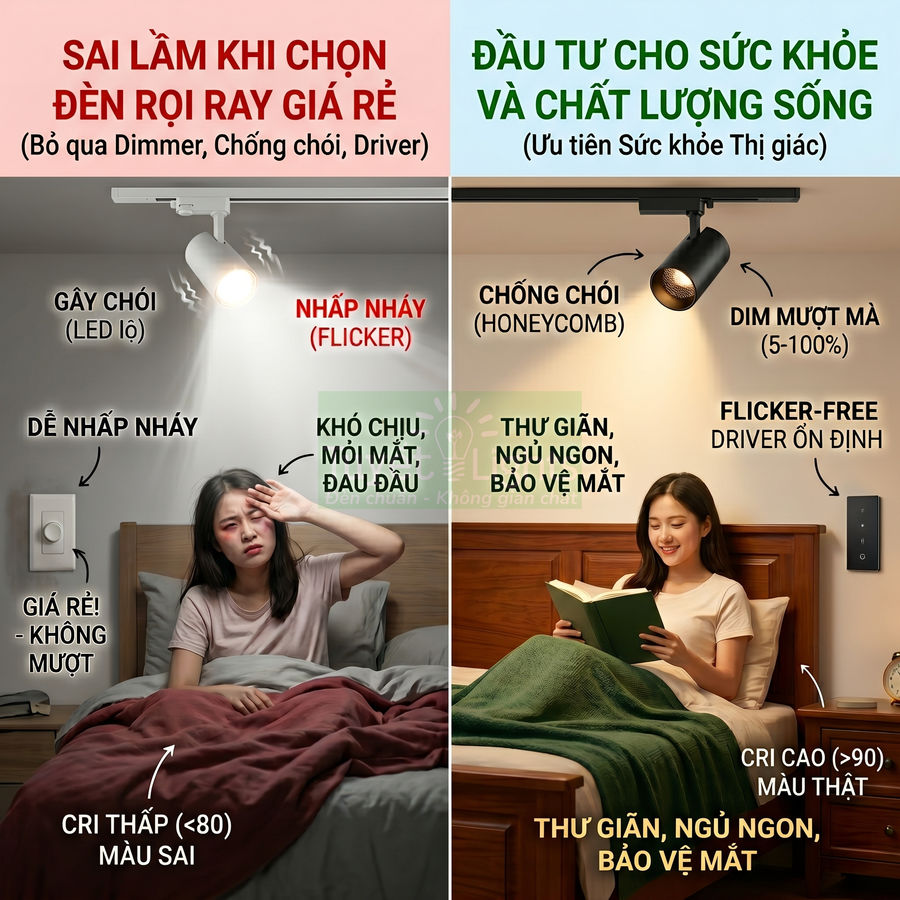 So sánh đèn rọi ray giá rẻ gây chói nhấp nháy với đèn rọi ray cao cấp chống chói, dim mượt, bảo vệ mắt khi đọc sách