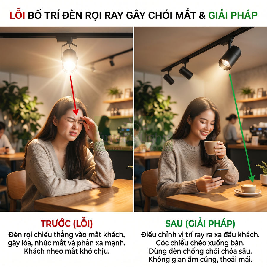 So sánh bố trí đèn rọi ray sai gây chói mắt và cách chỉnh lại đèn rọi chống chói cho quán cà phê