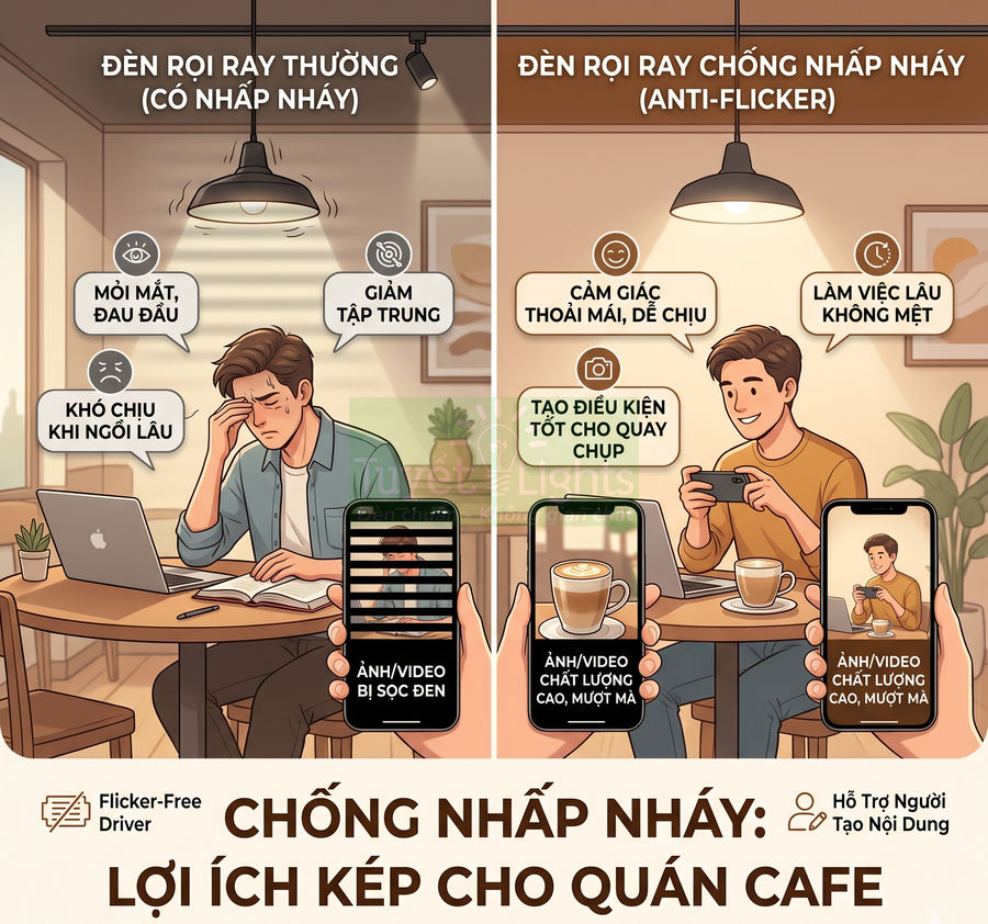 So sánh đèn rọi ray thường và đèn rọi ray chống nhấp nháy, minh họa lợi ích cho quán cafe và quay chụp nội dung