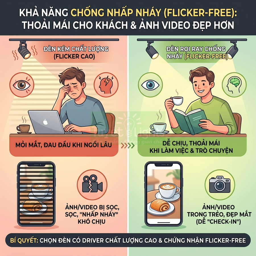 So sánh đèn kém chất lượng và đèn rọi ray chống nhấp nháy giúp mắt dễ chịu, ảnh video rõ nét hơn