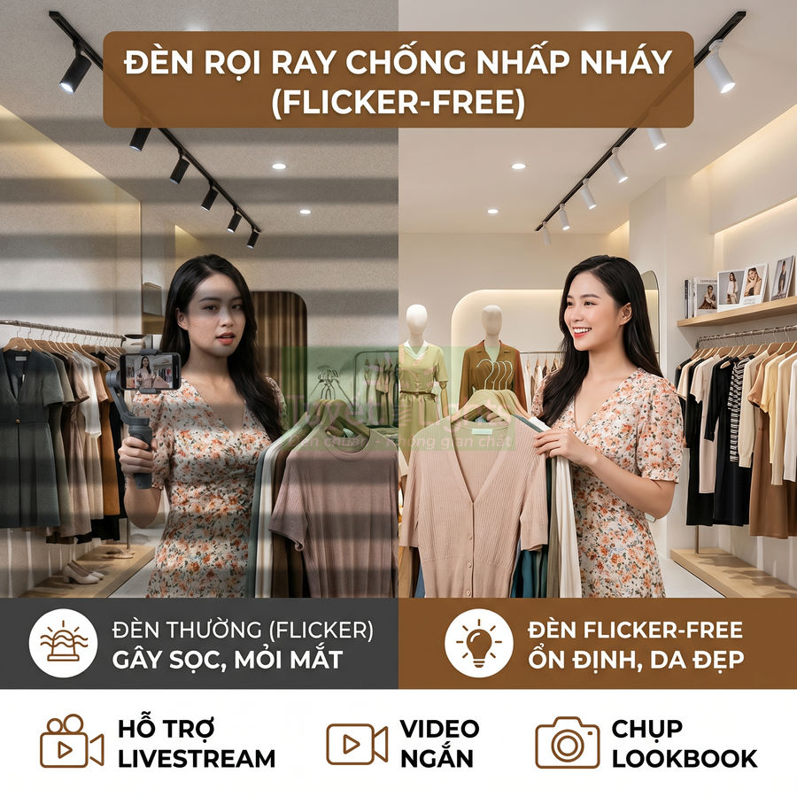 Đèn rọi ray chống nhấp nháy flicker free cho shop quần áo, giúp livestream và chụp hình sản phẩm rõ nét