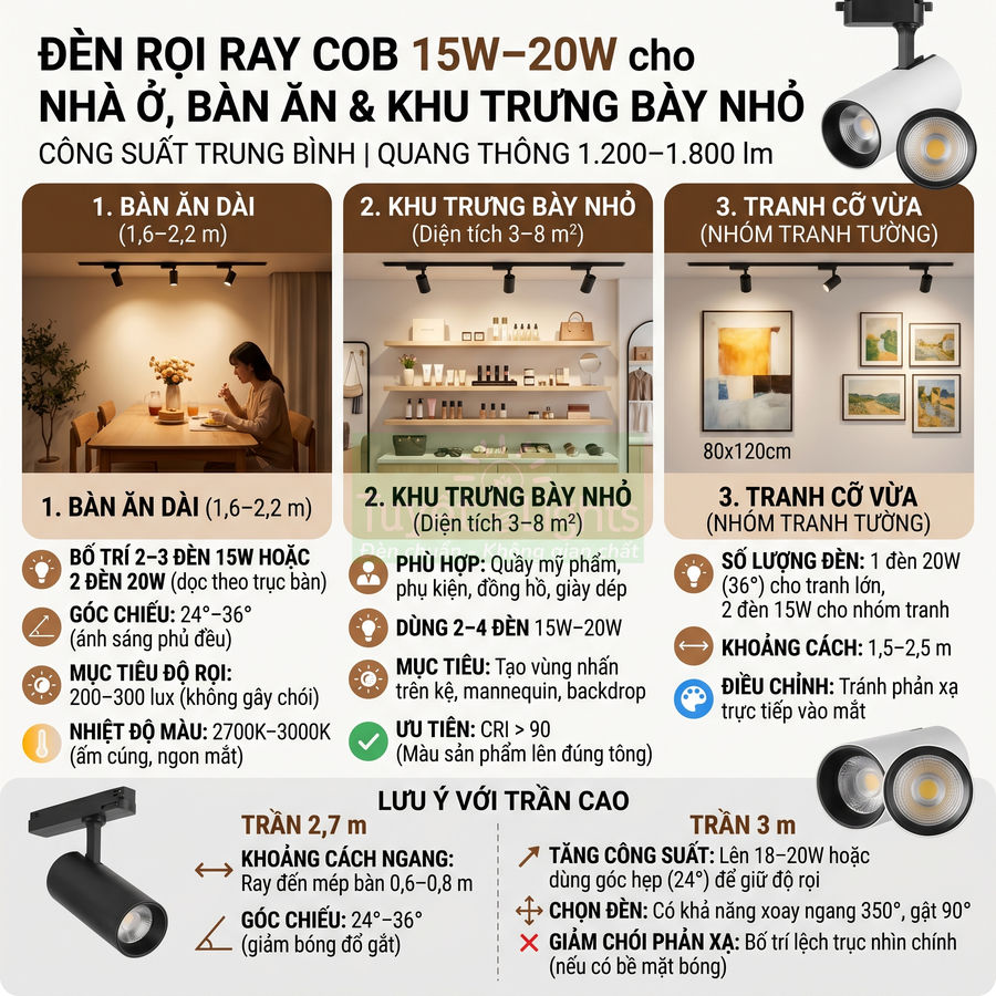 Đèn rọi ray COB 15W 20W chiếu sáng bàn ăn, kệ trưng bày nhỏ và tranh treo tường trong nhà
