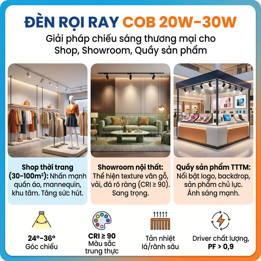 Đèn rọi ray COB 20W 30W chiếu sáng shop thời trang, showroom nội thất và quầy sản phẩm trung tâm thương mại