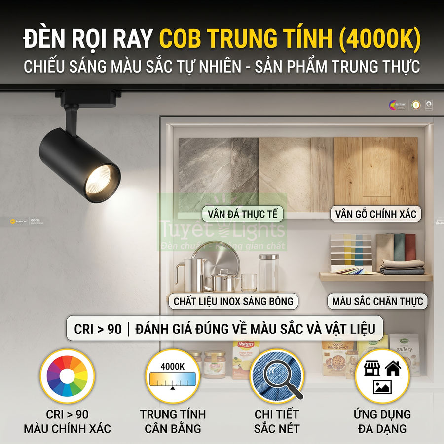 Đèn rọi ray COB trung tính 4000K chiếu sáng vật liệu vân đá, vân gỗ và inox với màu sắc trung thực