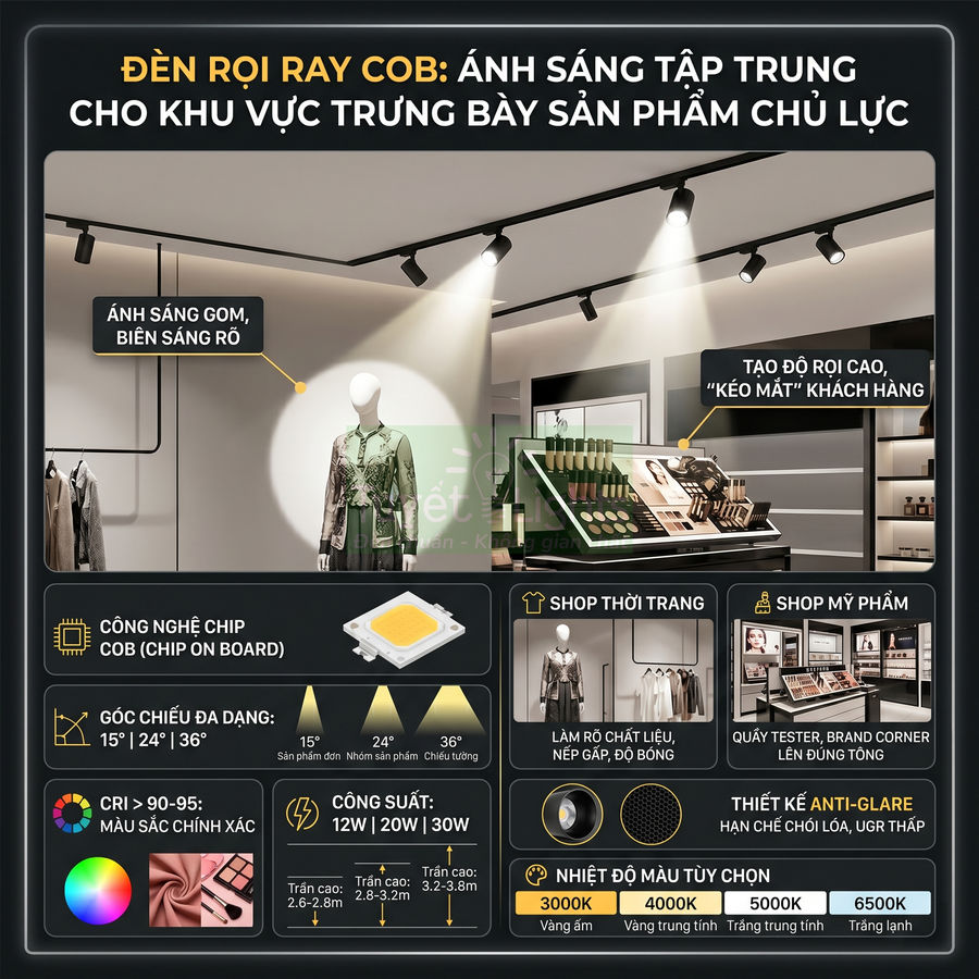 Đèn rọi ray COB chiếu sáng tập trung cho khu vực trưng bày thời trang và mỹ phẩm trong cửa hàng
