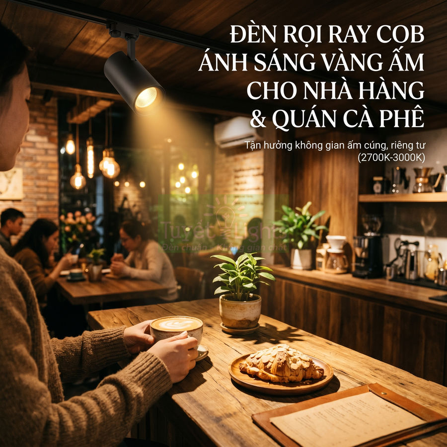 Đèn rọi ray COB ánh sáng vàng ấm chiếu xuống bàn gỗ trong quán cà phê phong cách ấm cúng