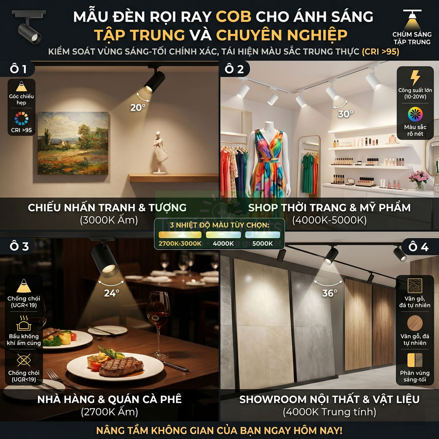 Đèn rọi ray COB chiếu sáng tập trung cho tranh, shop thời trang, nhà hàng và showroom nội thất