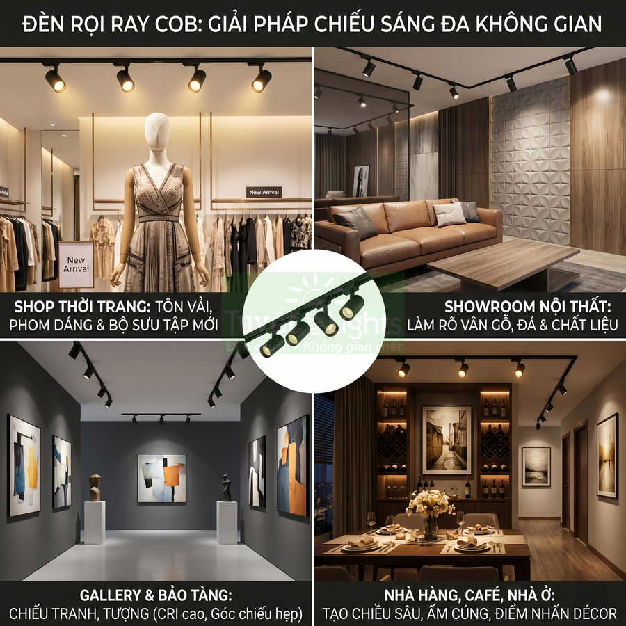 Đèn rọi ray COB chiếu sáng shop thời trang, showroom nội thất, gallery và nhà hàng tạo điểm nhấn không gian