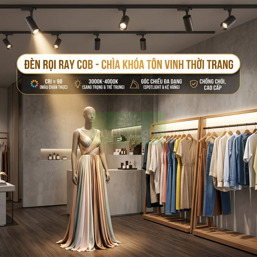 Đèn rọi ray COB chiếu sáng ma nơ canh váy dạ hội và quần áo trưng bày trong cửa hàng thời trang cao cấp